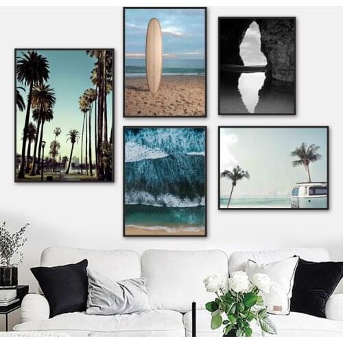 Surfboard Sea Coconut Tree Mountain Van Wall Art Canvas Painting Nordic Posters And Prints Wall Pictures For Living Room Decor