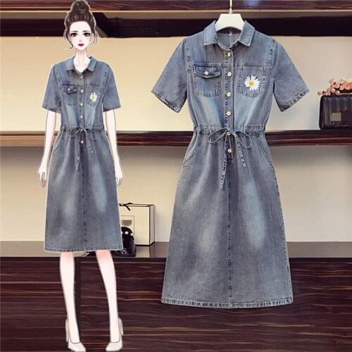 Denim Dress Large Size Womens 2020 Clothing Loose and Thin Korean Version Fashion Short Sleeve Denim Embroidered Dress K603