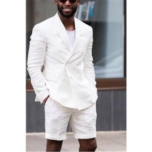 Fashion Summer Mens Suit 2 Pieces Jacket With Short Pants Set Ivory White Men Suit Custom Wedding Party Tuxedo Terno Men Suit