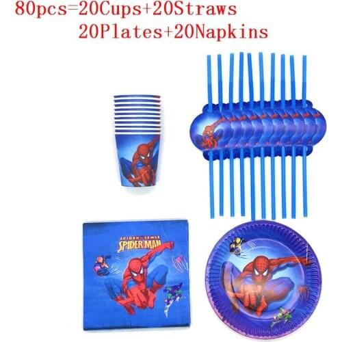 80pcs Spiderman Kids Birthday Party Cartoon Disposable Tableware Set Paper Cup Plate Straw Napkin boys Party Decoration Supplies