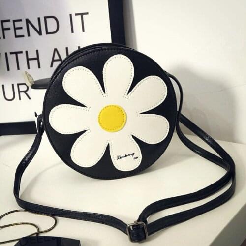 New Fashion Women Sunflower Messenger Shoulder Bag Cartoon Cute PU Leather Zipper Phone Bags Girls Casual Black Circular Handbag