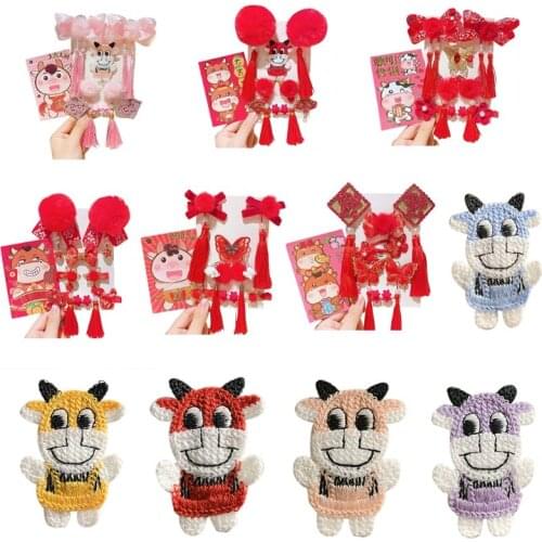 New Year Chinese Style Hair Accessories Children Baby Girls Furry Ball Bows Tassels Hair Clips Knitted Cow Cattle Cartoon Festi