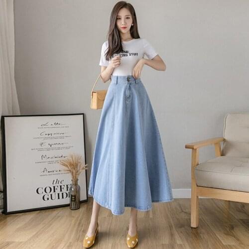 New Denim Skirt Women Spring Summer 2021 Fashion Casual Empire Waist All-match Slim Long A-Line Umbrella Hem Skirt Female