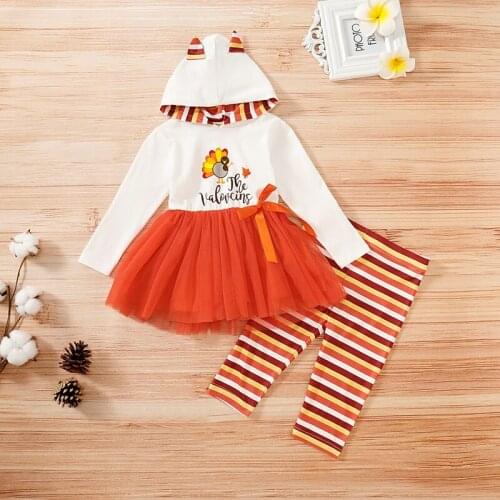 Toddler Kids Girls Baby Hooded Dress + Trousers Thanksgiving Theme Cartoon Ear Decoration Stripe Printing Autumn Clothing