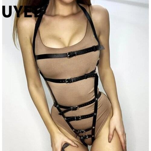 UYEE Woman Full Body Lingerie Bondage Harness Belt Gothic Sexy Chest PU Leather Garter Top Thigh Harness Nightclub Exotic Strap