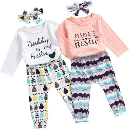 3 Pcs Infant Casual Outfits, Baby Girls Letter Print Long Sleeve Round Neck Pullover + Printed Trousers + Headband 1-4T