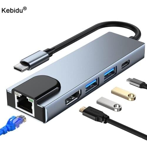 5 in 1 USB C Hub Multiport Adapter with USB3.0 PD Charger 4k HDMI-compatible RJ45 Ethernet Network Adapter For Windows Laptops