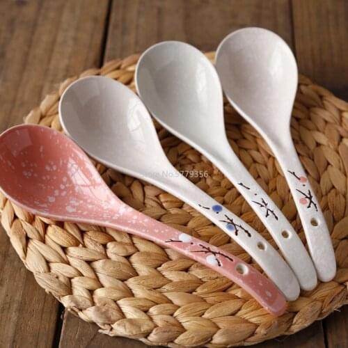 Japanese Style Ceramic Soup Spoon, Snowflake, Japanese Style, Household Underglaze Tableware, Long Handle Porridge