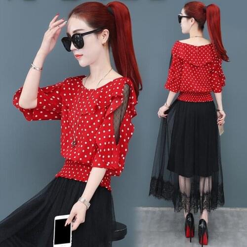 Polka Dot Short-sleeve Chiffon Shirt Women Splicing Mesh O-neck Red Top Female 2021 New Summer Ruffle Blouse Blusas Mujer Y792