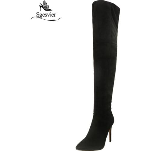 Sgesvier Autumn Winter Over The Knee High Knight Boots Female Thin High Heel Ladies Shoes Winter Flock Riding Long Botas B750