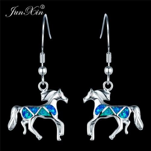 New Fashion Female Horse Drop Earrings Silver Color Jewelry Cute Boho Women Blue Fire Opal Dangle Earrings