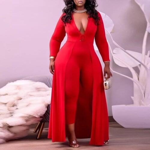 2021 Summer New Jumpsuits Red Plus Size 4XL 5XL Cold Shoulder High Waist v Neck Elegant Evening Night Party Rompers & Jumpsuits