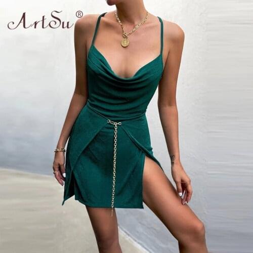 ArtSu Chain Fashion Spaghetti Strap Sexy Backless Mini Dress Outfits Vestidos Women 2021 Summer Club Party Dresses