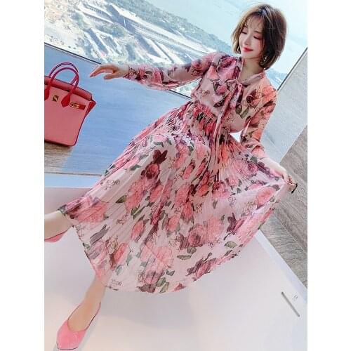 Ribbon collar ruffle elastic waist romantic printing pleated medium length dress for women 2021 Spring new High Top Quality