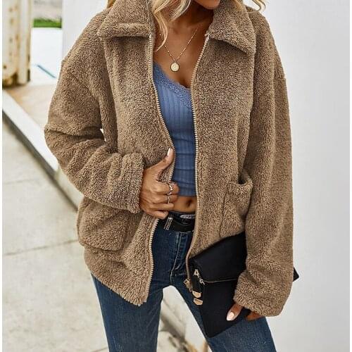 Winter Faux Fur Coat Long Sleeve Lapel Zipper Pockets Warm Jacket Solid Plush Fleece Overcoat Casual Short Outwear Crop Jacket