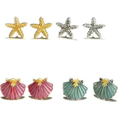 4Pairs/Set Bohemian Trendy Colorful Starfish Shell Stud Earrings For Women 2020 Charming Fashion Alloy Metal Mixed Earring Set