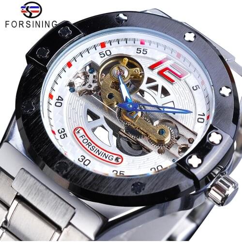 Forsining New Racing Mens Mechanical Watch Automatic Sport Military Transparent Bridge Silver Quality Stainless Steel Band Clock