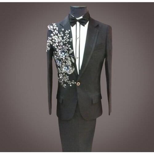 Black blue new arrival fashion slim men sequins suit set with pants singer mens suits wedding groom formal dress suit + pant
