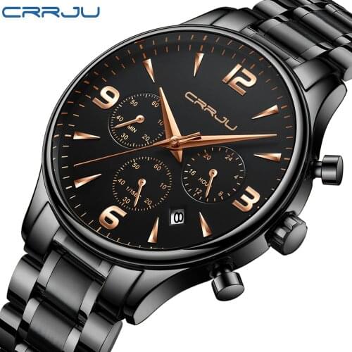 CRRJU Mens Watches Top Brand Luxury Fashion Business Quartz Watch Men Sport Full Steel Waterproof Black Clock relogio masculino