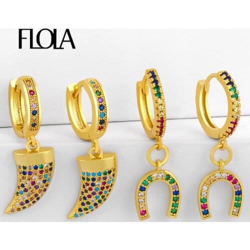 FLOLA Rainbow Horn Drop Earrings For Women Crescent Moon Earrings U Shape Geometric Cubic Zirconia Gold Filled Jewelry erss99