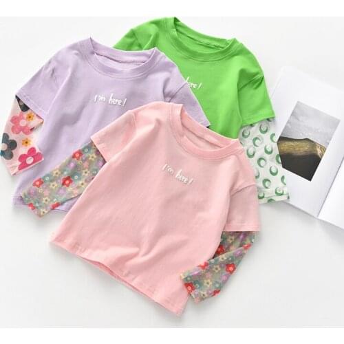 0-7yrs Toddler Girls T-shirts Faux Two pieces cotton O-neck Long-sleeved Baby Clothes Kids tshirt tops wear