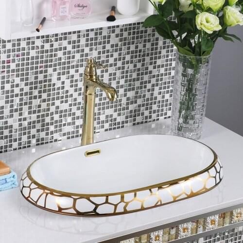 Ceramic wash basin Oval Semi Embedded gold pattern bathroom sink wash basin
