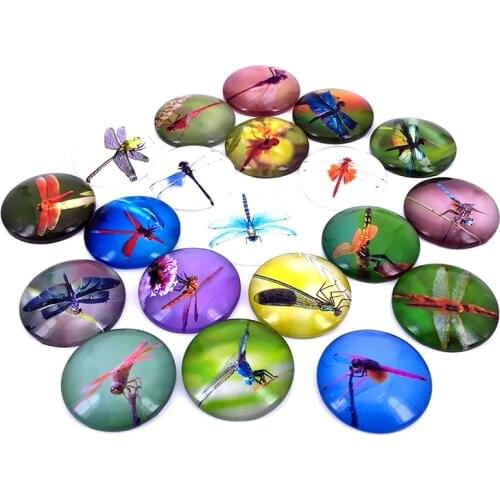 40pcs/lot 10mm 12mm 14mm 16mm Round Mix Dragonfly Pattern Glass Cabochon for DIY Jewelry Making Findings & Components T009