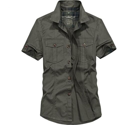 Summer Breathable Cotton Military Plaid Green Khaki Short Sleeve Mens Shirts