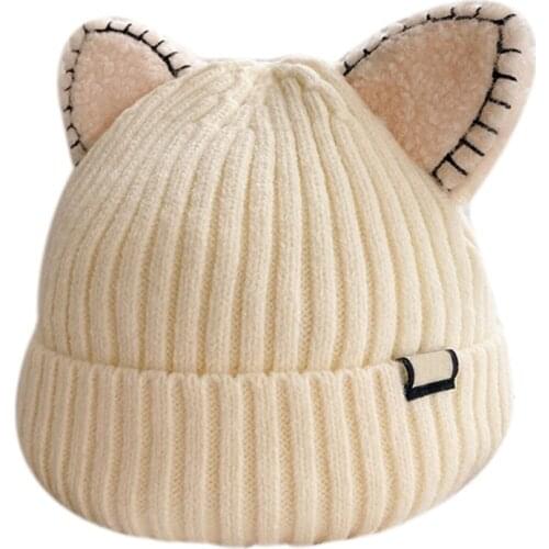 Kawaii Cat Ears Hats Wool Knit Hat Solid Color Plush Hat Outdoor Trend Cap Casual Warm Hat for Children Autumn Winter