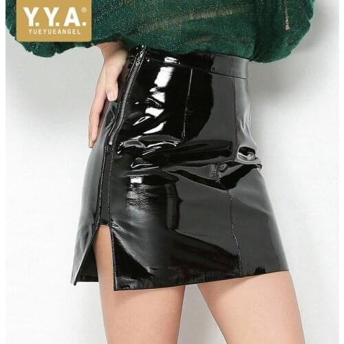 Sexy Side Split High Waist Short Skirts Women Street Punk Genuine Leather Mini Wrap Skirts Sheepskin Zipper Slim Fit Skirts