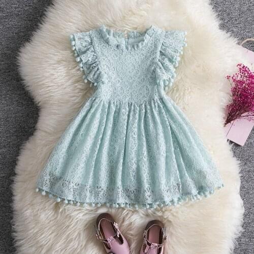 Fashion Girls Pom Pom Lace Dress with Flutter Sleeve Children Lovely Toddler Summer Dress Embroidery Summer Clothing for Kids
