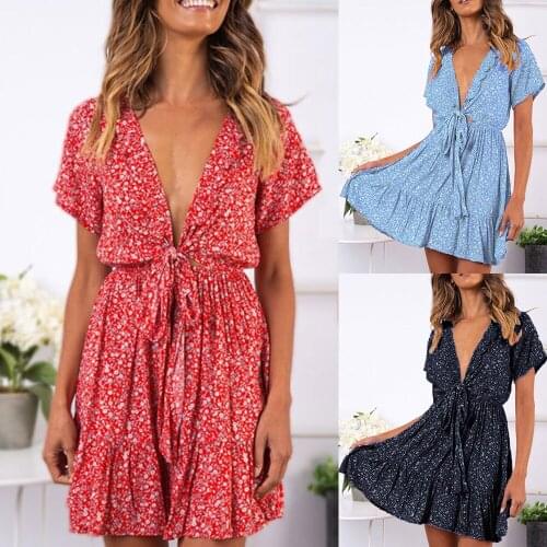 2020 Sexy Womens New Deep V Lace Ruffle Dress Summer Flower Print Mini Beach Dress Shortwear
