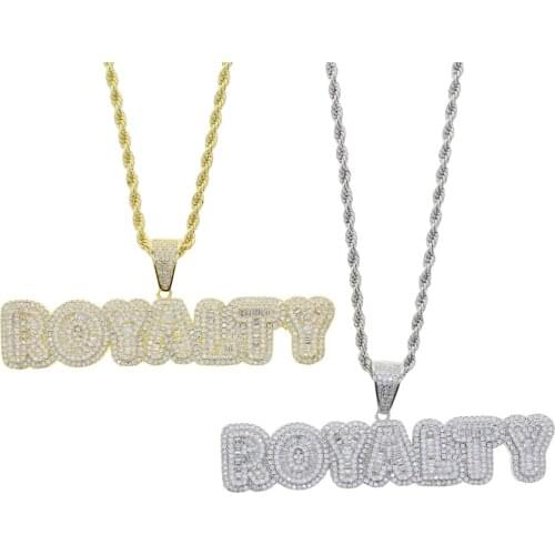 Wholesale Iced Out Bling 5A Cubic Zirconia Paved Royalty Letter Pendant Necklace with long rope chain HipHop Jewelry For Men Boy