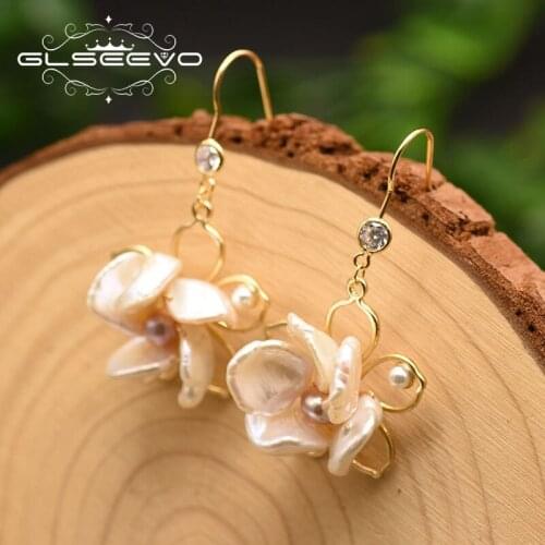 GLSEEVO Natural Baroque Pearl Flower Drop Earrings For Women Girl Wedding Party Luxury Gift Fine Jewelry Kolczyki GE0856