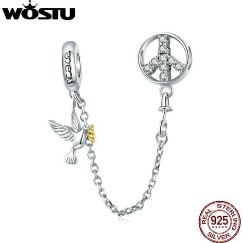 WOSTU 100% 925 Sterling Silver Yearn for Peace Bead Charm Simple Safety Chain Charms Fit Original Bracelets Women Diy Jewelry