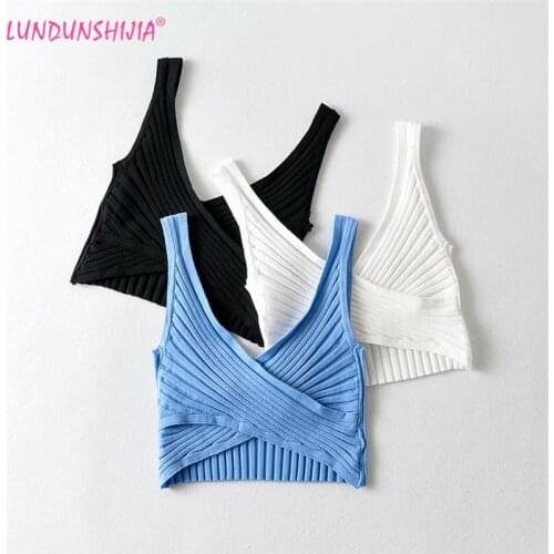 LUNDUNSHIJIA 2021 Summer Style Tank Tops Women Solid Color Slim Camisole Tops Ladies Chest Cross Knitting Vest Singlets