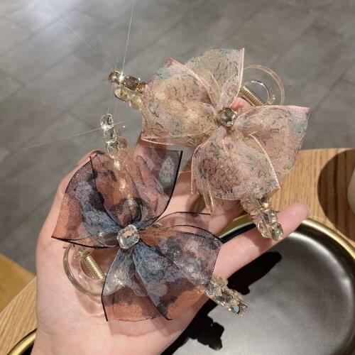 Women Fashion Yarn Bow Hair Claw Lady Flash Crystal Shark Hair Catch