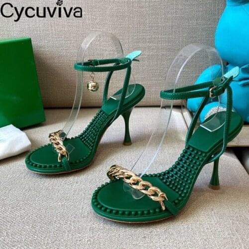 Metal Decorate High Heel Women Sandals Ankle Wrap Gold Ball Stiletto Ladies Shoes Peep Toe Party Wedding Pumps Female Sandalias