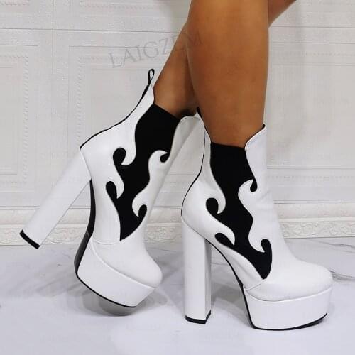 BERZIMER Women Ankle Boots Thick High Heels Elastic Band BootiesPatchwork Ladies Unisex Black Shoes Woman Big Size 41 45 46 47