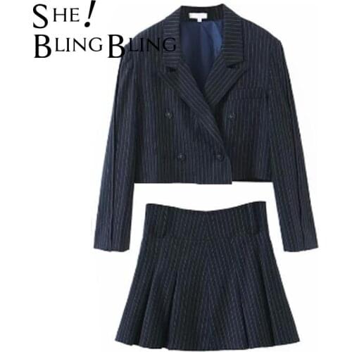 SheBlingBling Za Woman 2021 Traf Skirts Suits Striped Blazers Office Long Sleeve Single Button Short Blazer+ Mini Skirt Set Coat