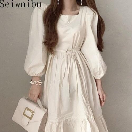 2021 New Women Summer Beige Vintage Long Ruffle Dress Sashes Square Collar Slim Waist Midi Cake Sundress
