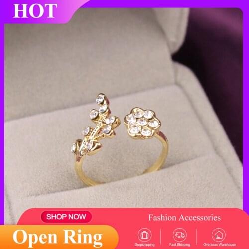 1 Pcs Creative Fashion Boutique Jewelry Shining Rhinestone Leaf Flower Open Ring Jewelry Women Gifts Preferred
