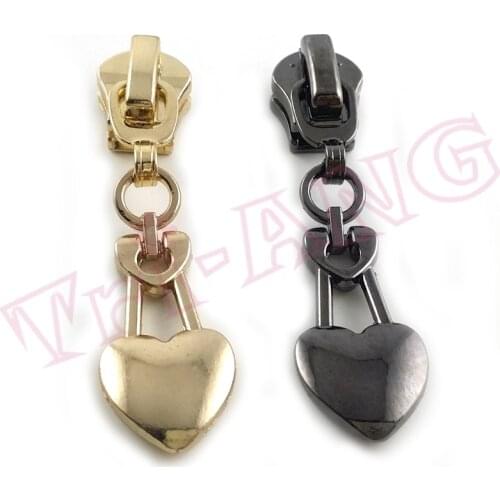 20pcs/lot, 5# Cute Heart Shape Zipper Sliders for Fashion Garment and Bags Gold Black Colors