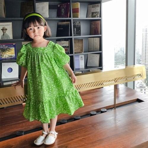 2021 Summer Long Dress Children Beach Wear Short Puff Sleeve Dress for Girls Floral Children Clothes Korean Dress Kids Clothes