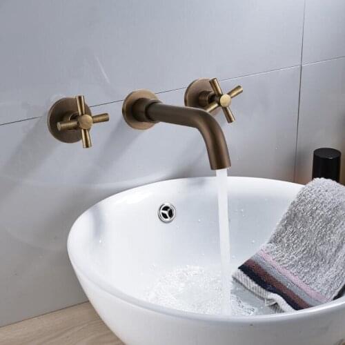 Antique brass Bathroom Faucet, Double Handle Wall Mounted Bathroom Sink Faucet and Rough in Valve Included Rotatable spout