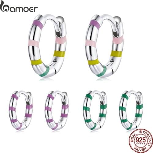 Bamoer Silver Colorful Mini Ribbon Ear Buckles Rainbow 925 Sterling Silver Hoop Earrings for Women Statement Jewelry Aretes