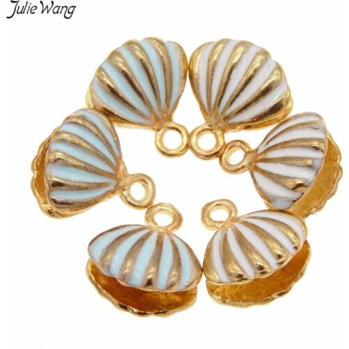 Julie Wang 12pcs Cute Enamel Shell Shape Charms Zinc Alloy Pink Blue Pendant For Necklace Making Bracelet DIY Accessory 13*12mm
