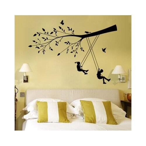 Swing Boy and Girl on the Tree Branch Wall Sticker Birds Living Room Bedroom Kids Room Home Decor Decoration Wall Art Murals