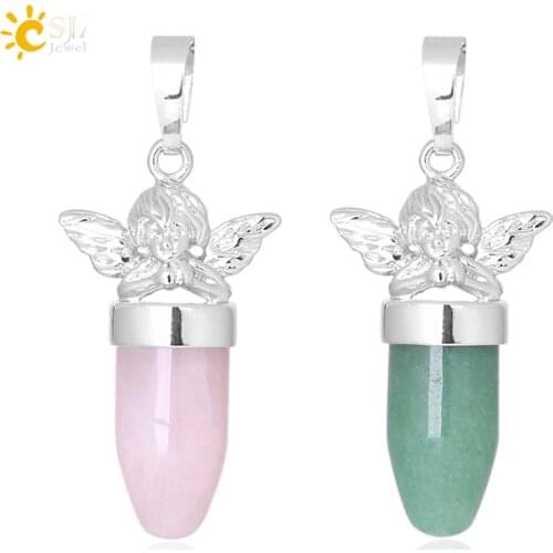 CSJA Angel Pendants for Necklace Bullet Shape 2019 Natural Stone Jewellery Green Aventurine Pink Quartz Tiger Eye Jewelry F360