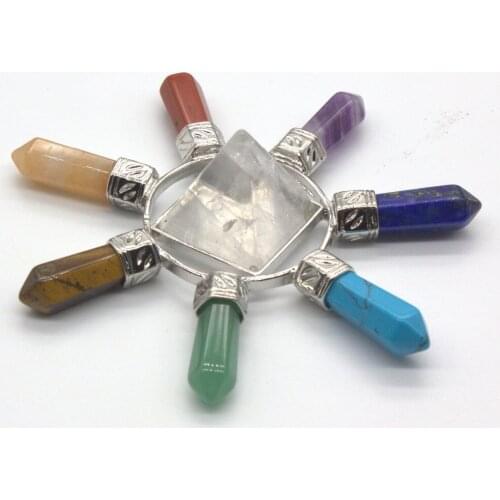 Trendy-beads Unique Silver Plated Natural Rock Crystal Pyramid With 7 Color Stone Healing Chakra Pendant Fashion Jewelry